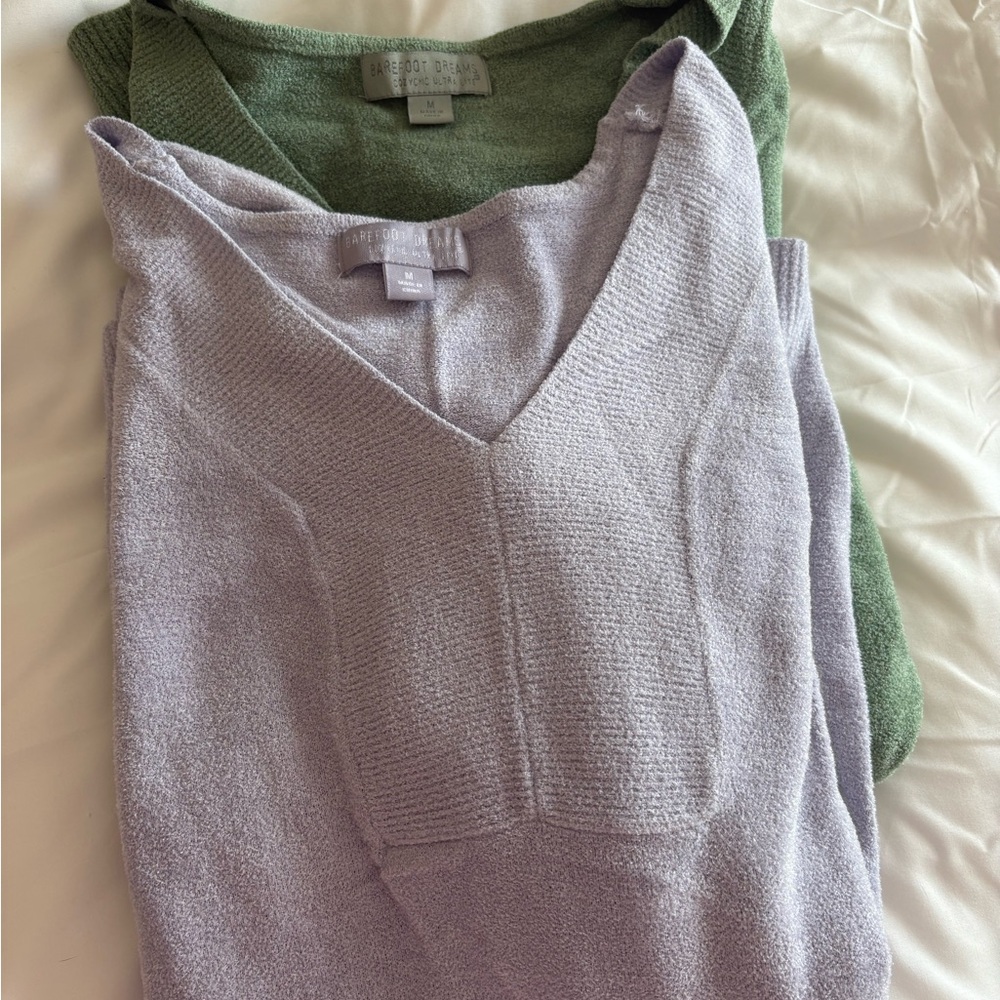 Barefoot Dreams V-Neck Sweater - Light Purple and Green